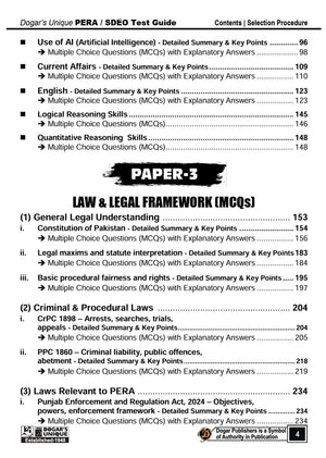 Table of contents for a test guide on Law & Legal Framework with multiple choice questions and explanatory answers.