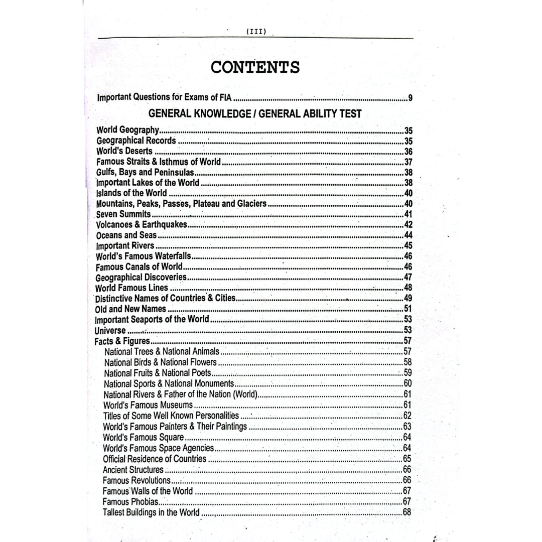 Table of contents for a book or document on general knowledge and ability test topics.